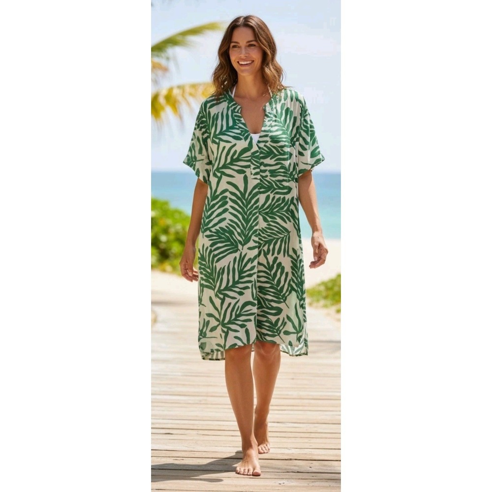 H&M Green & White Palm-Print Swimsuit Coverup Pullover Relaxed Resortwear L